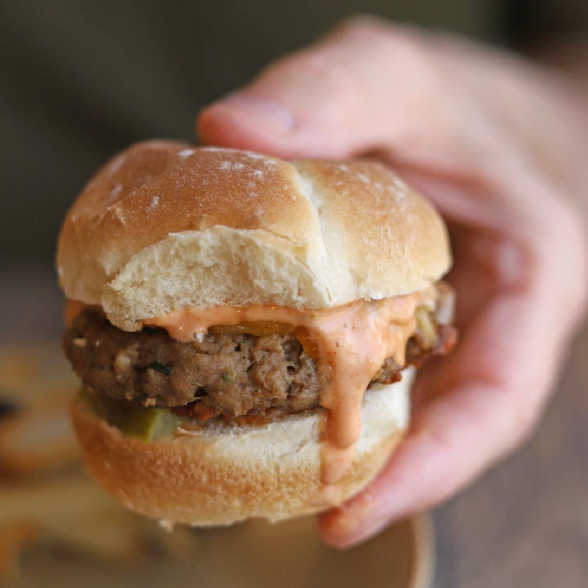 Vegan burger with a generous slathering of Big Mac-style sauce.