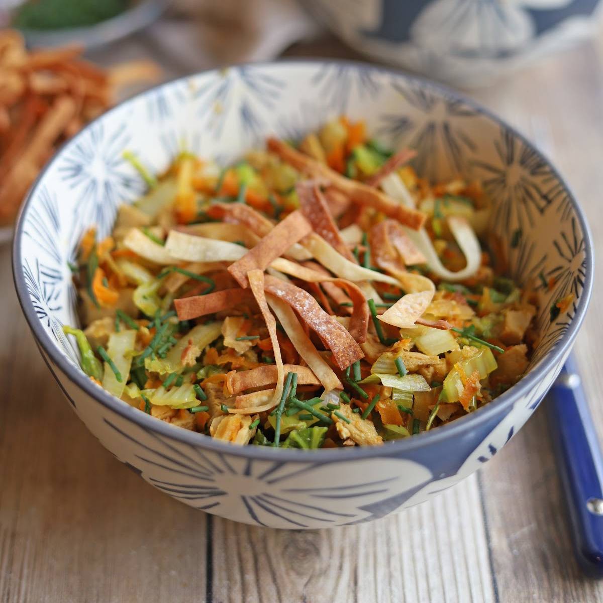 Egg roll bowl with crunchy wonton strips.