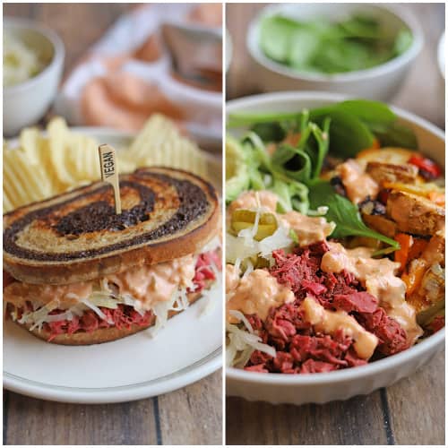 2-panel collage with jackfruit reuben sandwich and vegan reuben bowl.