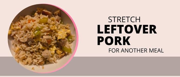Bowl of homemade pork fried rice with leftover pork loin, celery, carrots, garlic, and extra scrambled eggs.