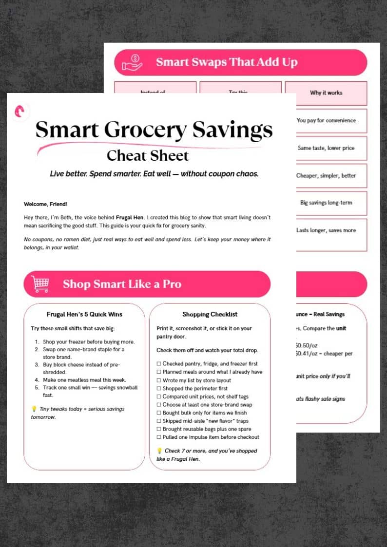 Frugal Hen Smart Grocery Savings Cheat Sheet with quick grocery swaps, shopping tips, a checklist, and unit-price savings guidance.