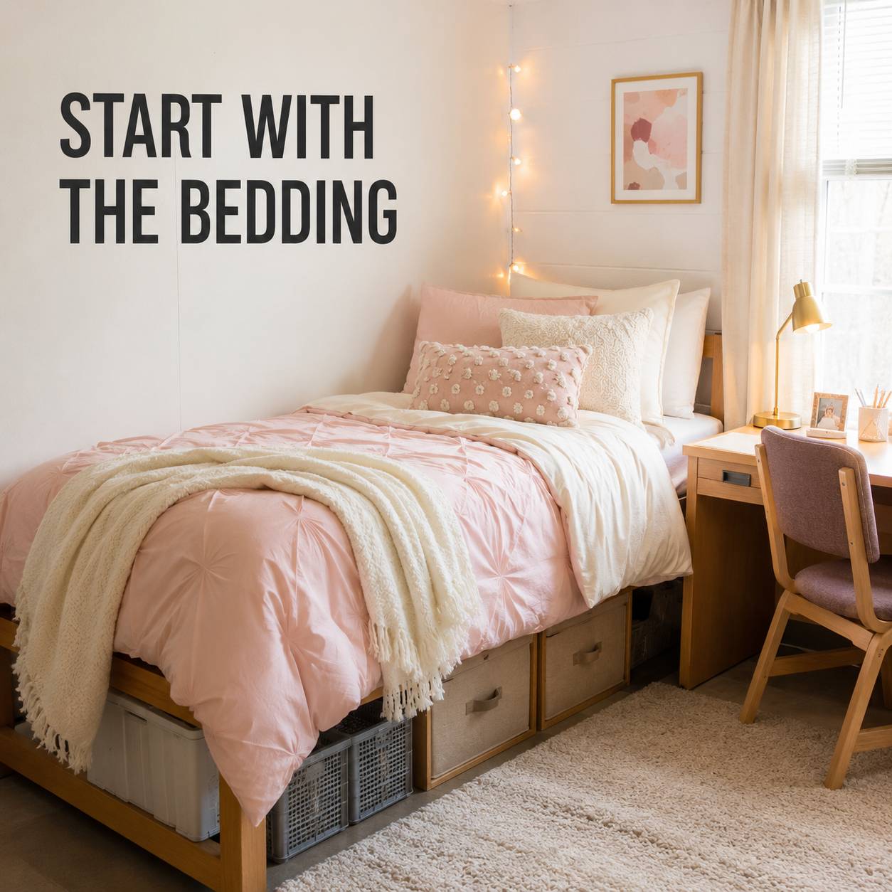 Dorm Room with Pink Decor and Maximized Storage