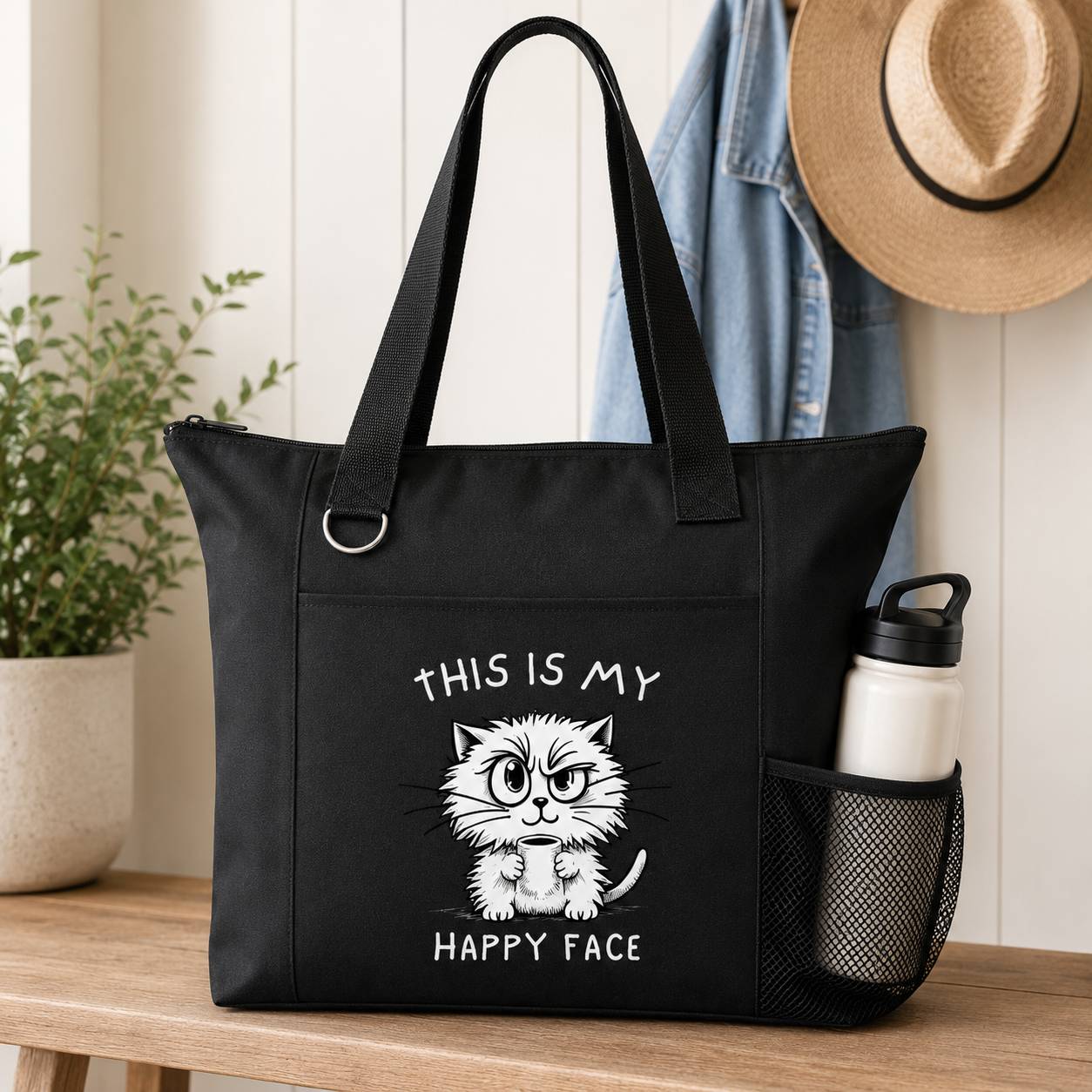 This is my happy face black tote bag
