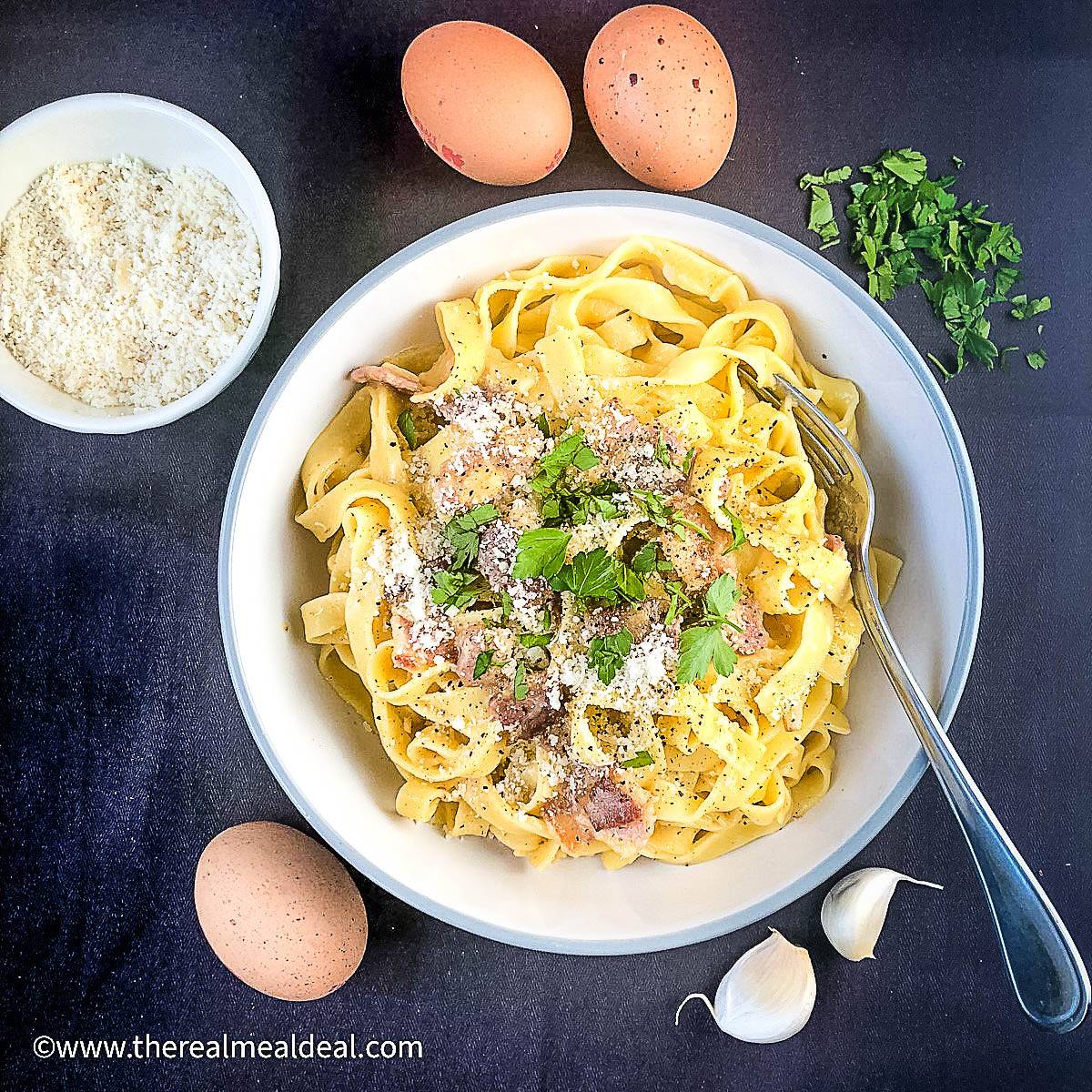 tagliatelle carbonara in a bowl