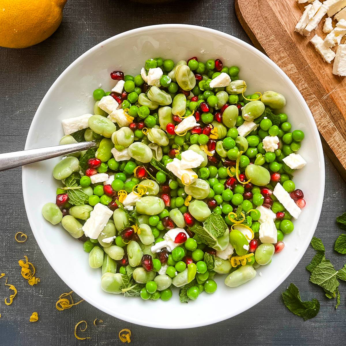 broad bean salad as part of summer meal weekly recipe planner.
