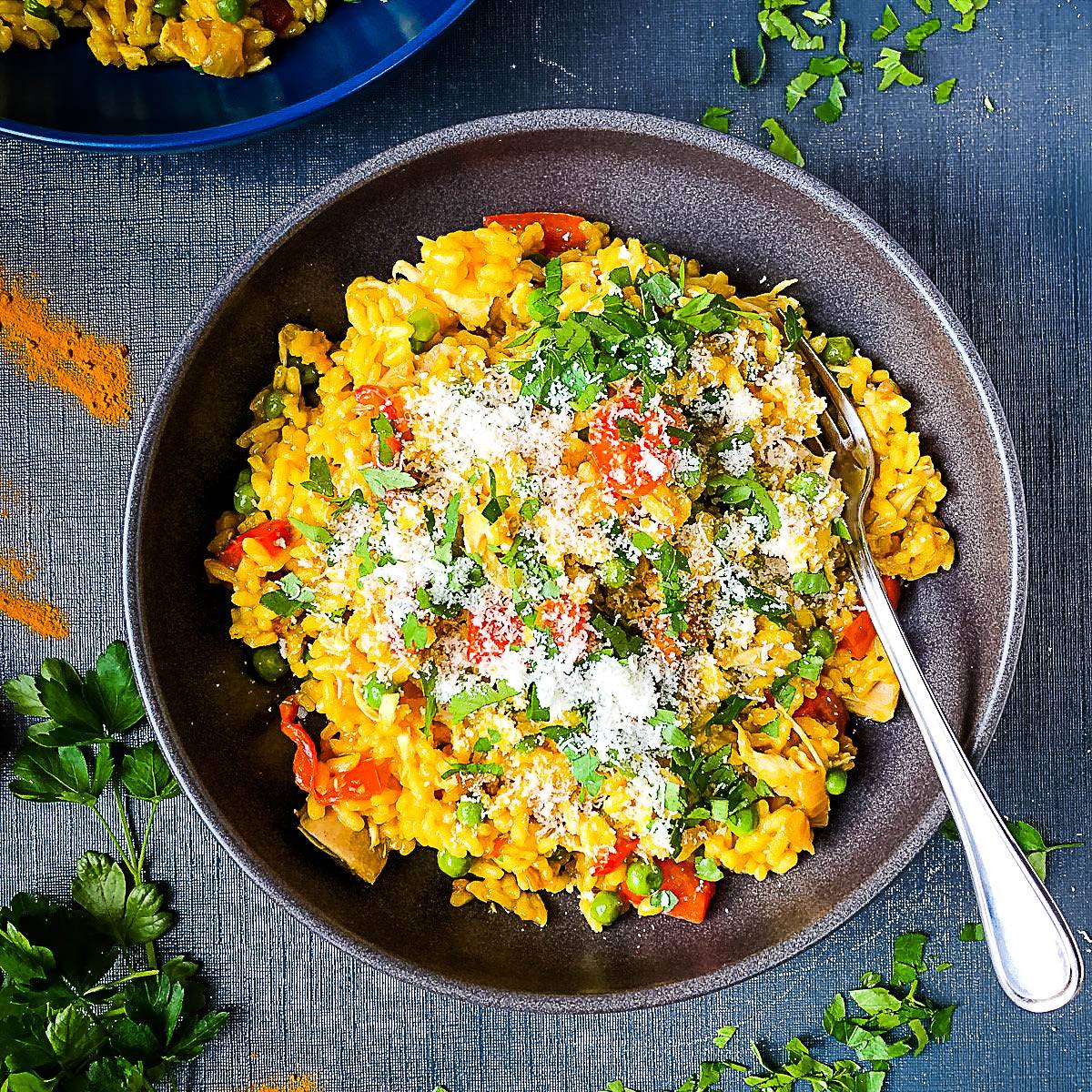 chicken and chorizr risotto in a bowl