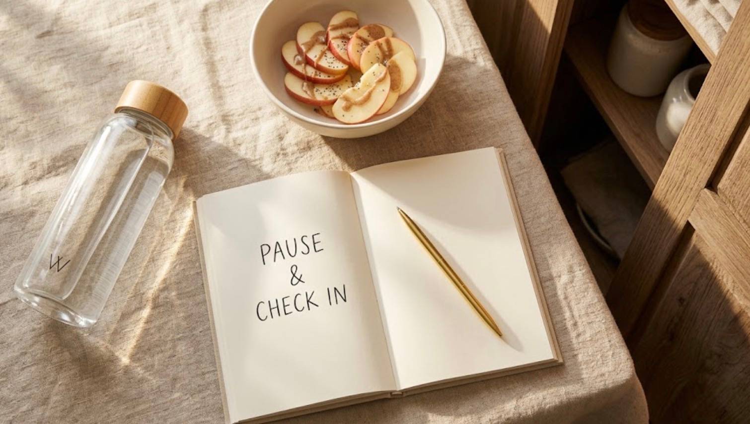 Top-down flat lay of an open journal, pen, glass water bottle, and framed card reading 'Why do I have weird dreams on shot day?' on a beige linen background.