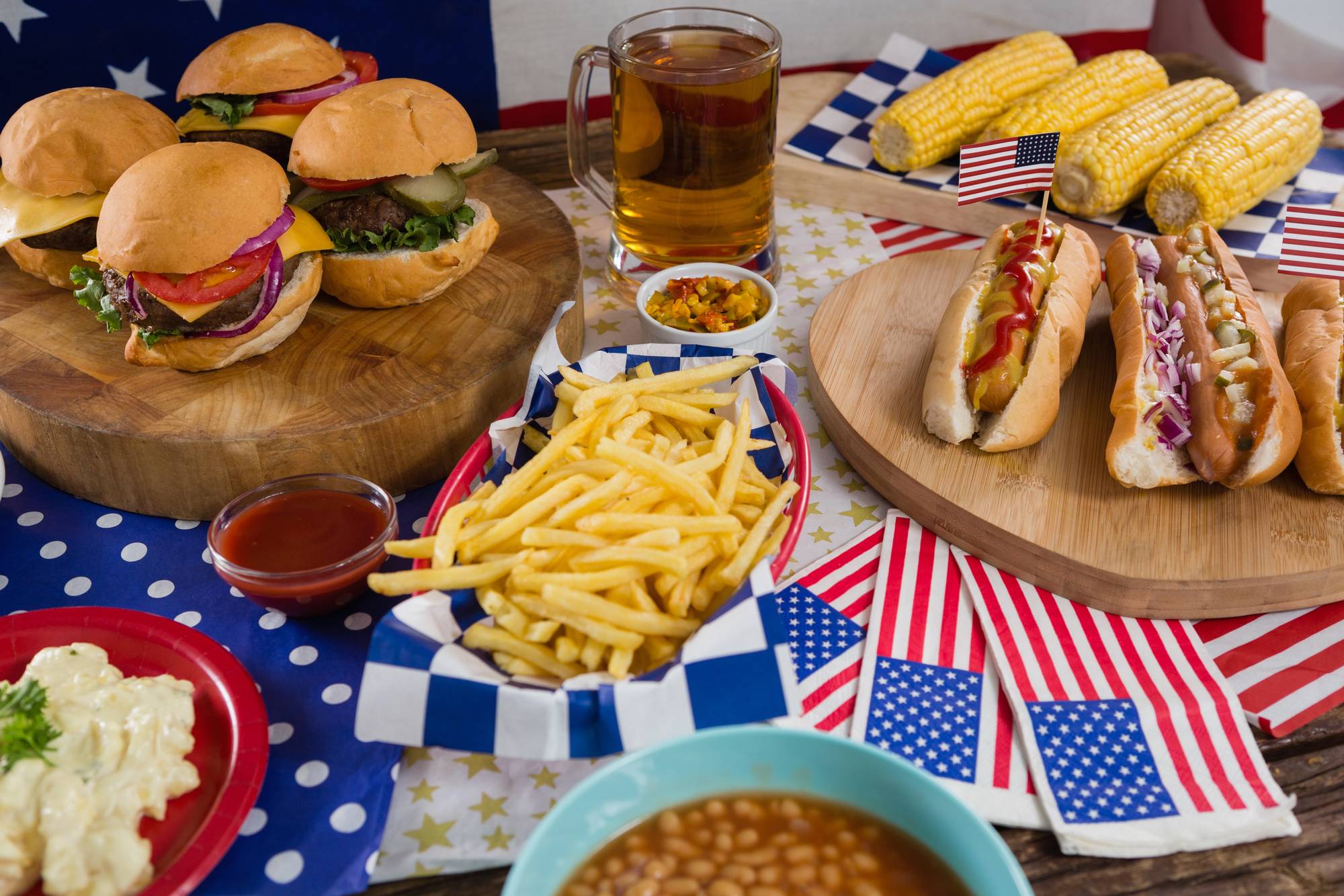 4th of july food on a table with american flags