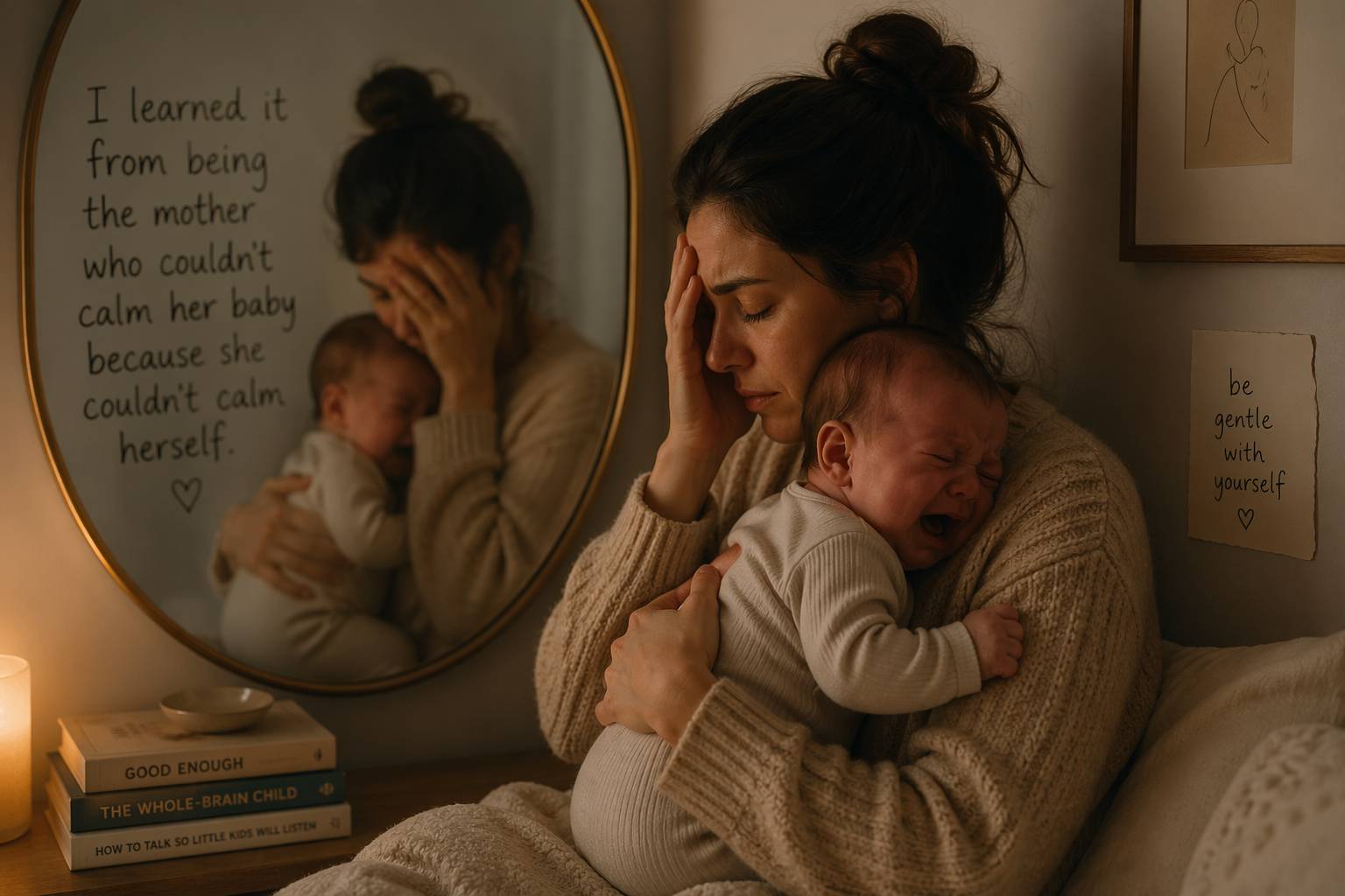 Upset mom holding crying baby