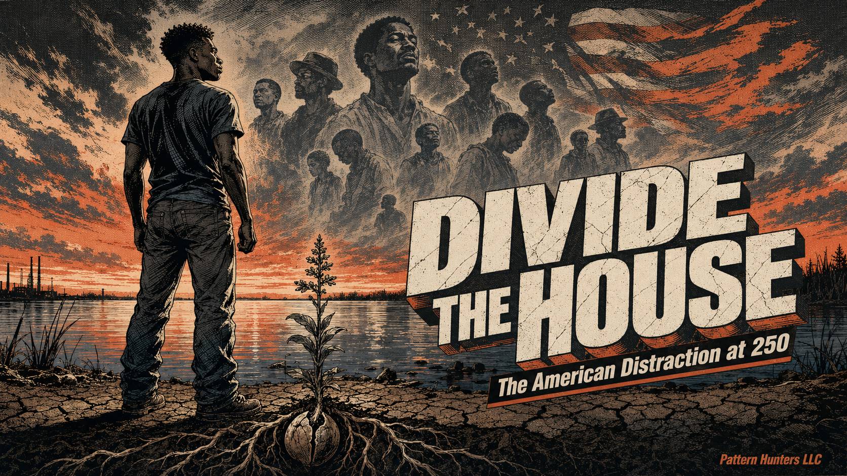 Comic book style illustration of a young Black man standing at the water's edge at dusk, with ghostly figures of Black men rising behind him, a hemlock plant growing from cracked earth in the foreground, and a faded American flag dissolving into the sky. 