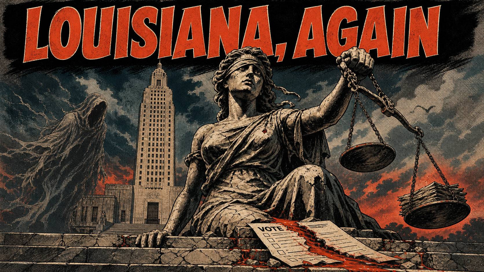 Pattern Hunters comic-style illustration of a blindfolded Lady Justice statue holding scales over a bleeding ballot at the steps of the Louisiana State Capitol, with a Klan-hooded ghost watching from the shadows under a stormy red and black sky.