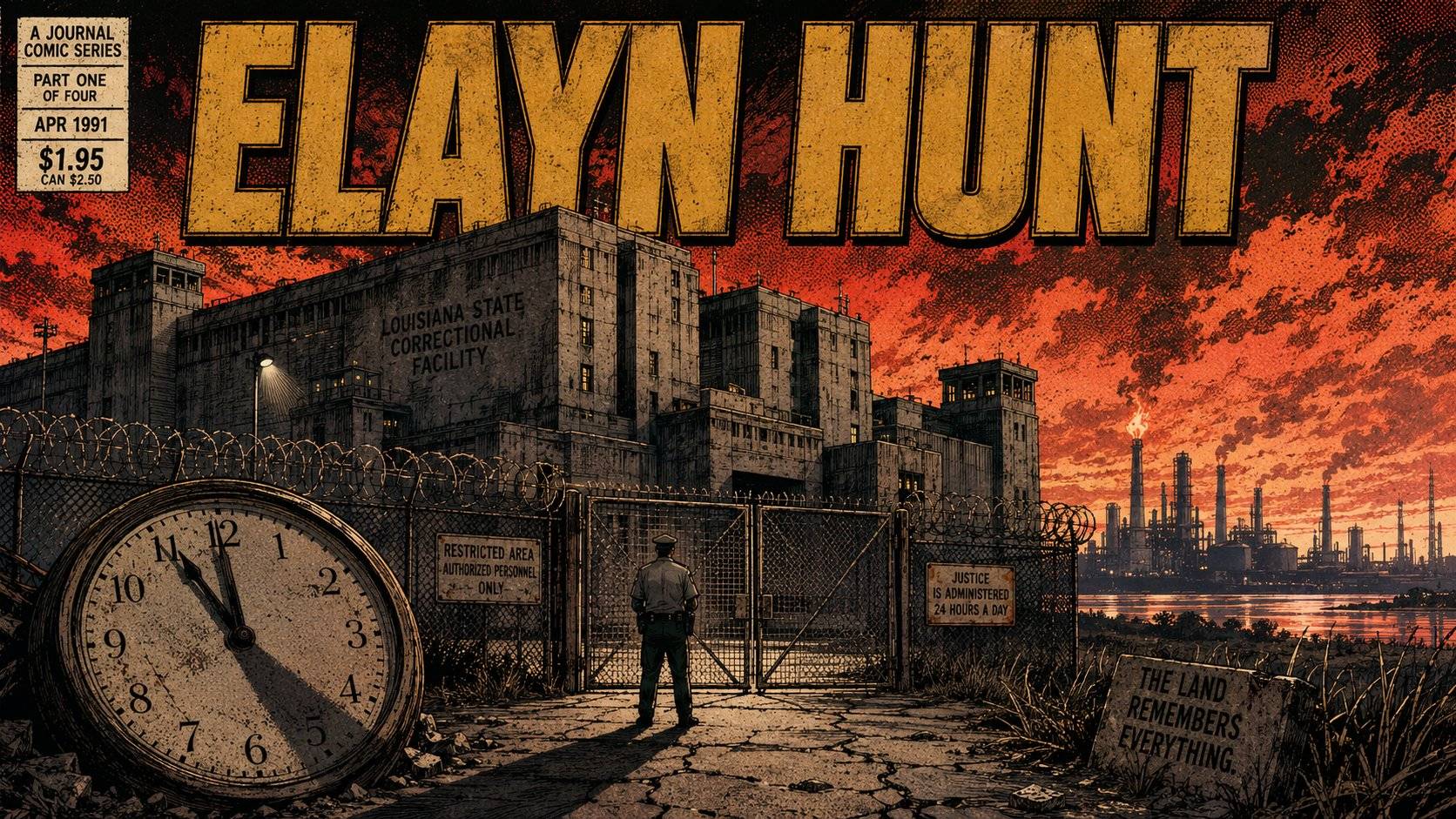Comic book style illustration of Elayn Hunt Correctional Center at dusk with petrochemical smokestacks in the background.