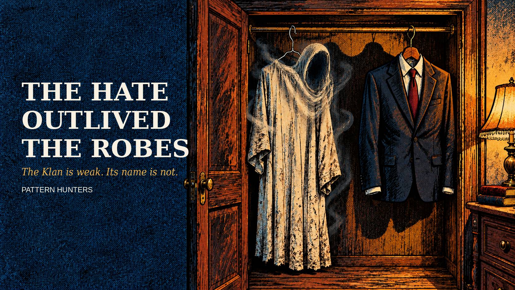 Illustrated header reading “The Hate Outlived the Robes.” In an open closet, a faded, ghostly white robe with a slumped hood hangs beside a pressed dark suit and red tie, lit by an amber lamp.