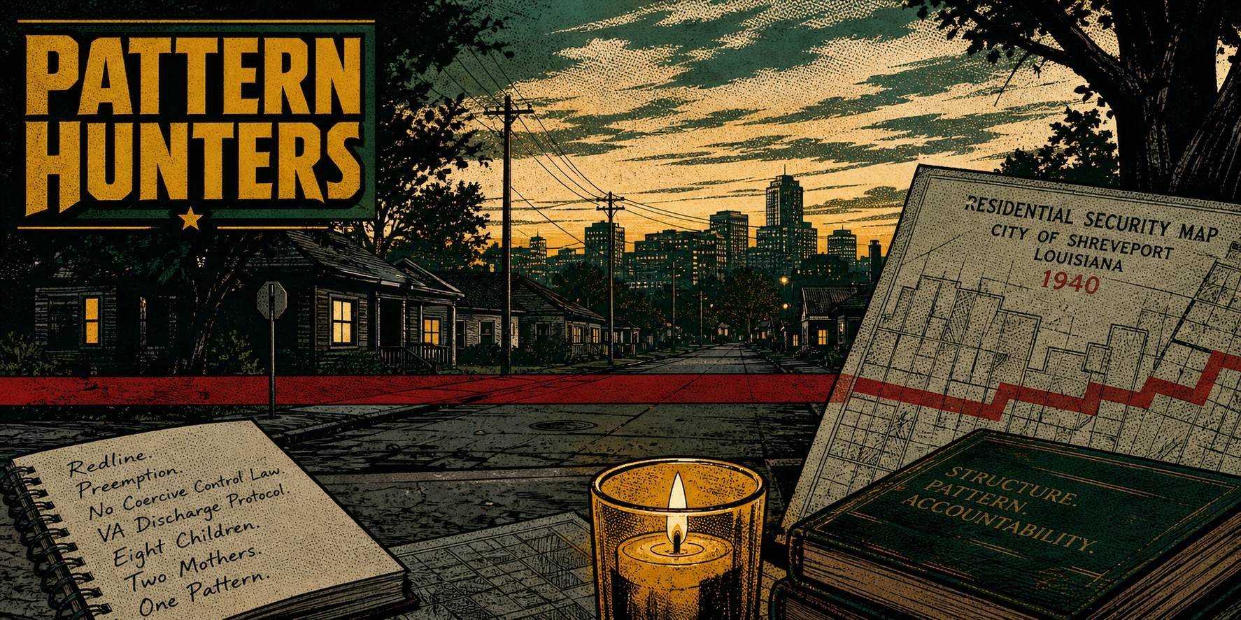 Pattern Hunters comic-style illustration of a Cedar Grove streetscape at twilight with a 1940 Shreveport residential security map showing a redline running through the foreground street, a candle, and an analytical legal pad listing the structural failure