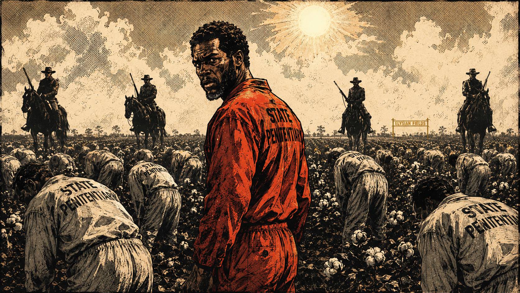 A Black man in a state penitentiary uniform stands upright in a cotton field at Angola, surrounded by bent figures and armed guards on horseback, as an Elysian Fields street sign appears in the distant haze. Pattern Hunters foundation analysis illustratio