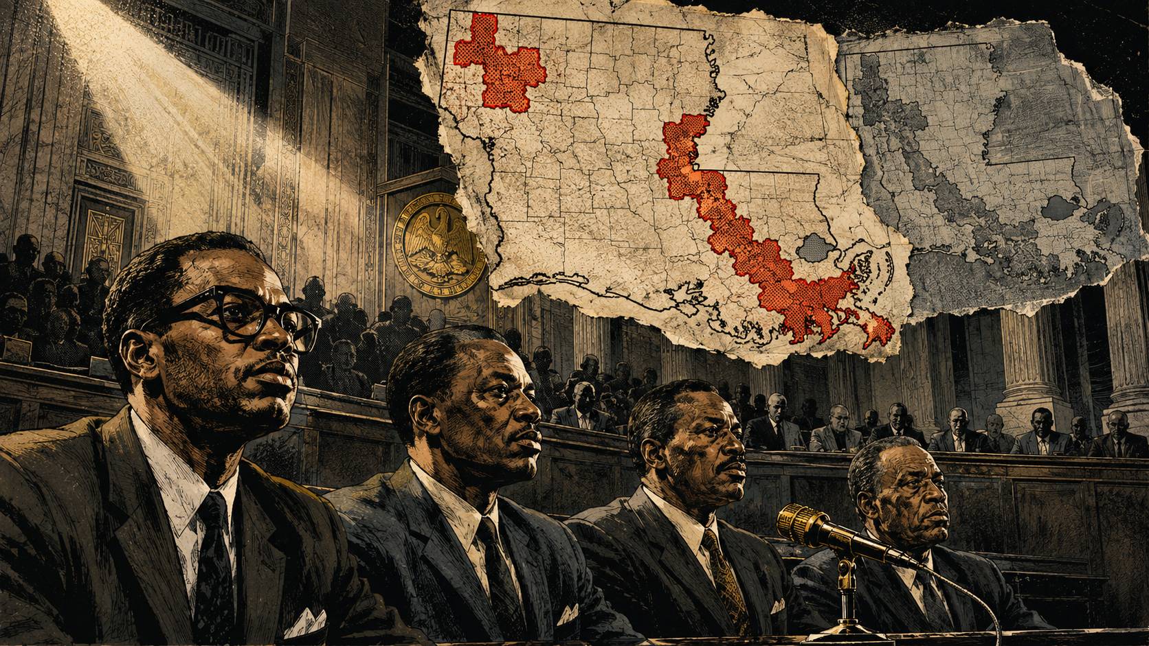 Painted comic-book-style illustration of four Black congressmen seated along the witness wall at the Louisiana State Capitol on May 8, 2026, beneath a torn map of Louisiana showing two majority-Black congressional districts traced in coral red.