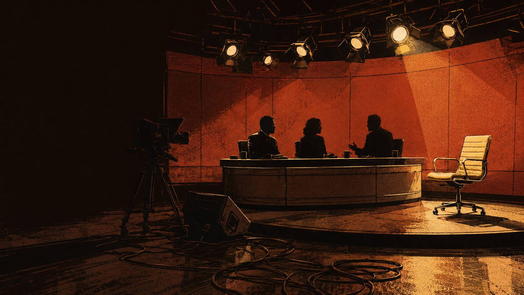 A television news studio in deep shadow. Three figures in silhouette sit at a curved anchor desk. A fourth chair beside them sits empty, turned away, lit by a single shaft of gold light.