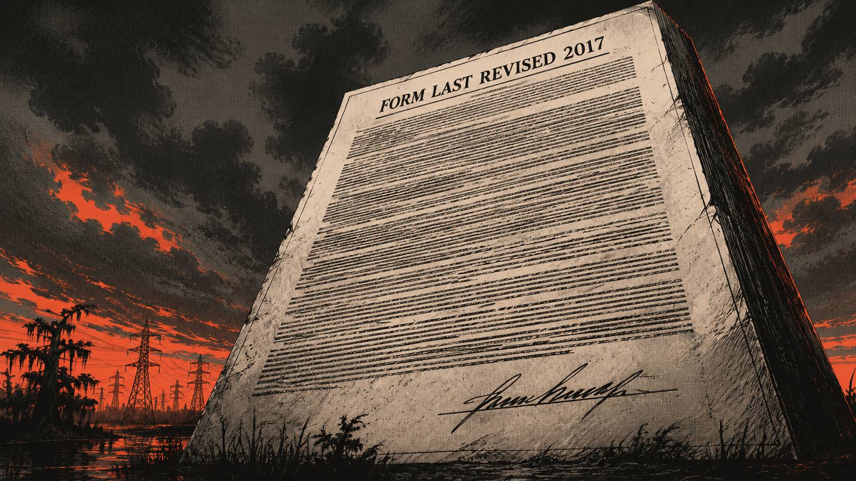 Comic book style illustration of a legal contract standing like a monument in Louisiana coastal marshland at dusk, the words FORM LAST REVISED 2017 legible across the top and a handwritten signature at the bottom, with cypress trees and electrical transmi