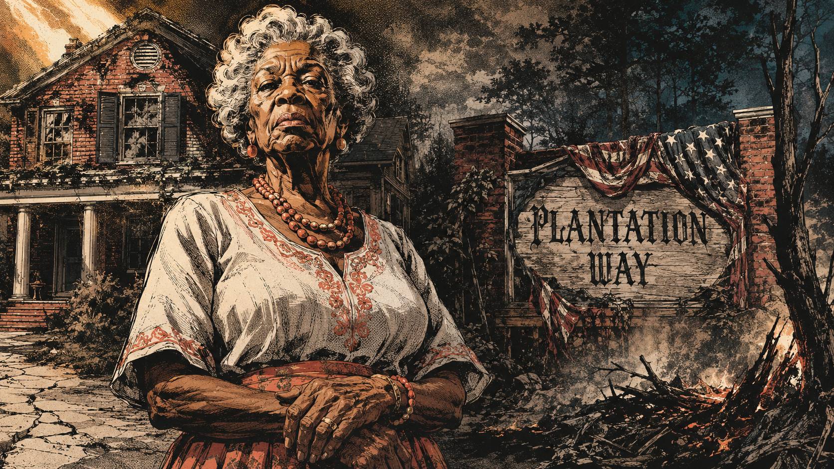 An elderly Black woman stands before her home and the Plantation Way neighborhood sign in Zachary, Louisiana. Pattern Hunters foundation analysis illustration.