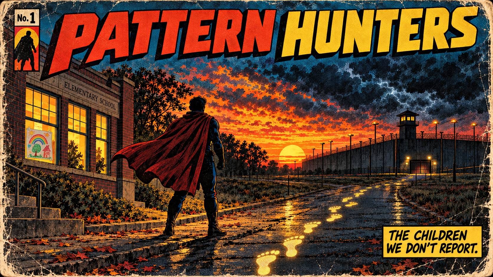 Comic cover: a caped hero stands between an elementary school and a prison, with glowing footprints leading from one to the other.