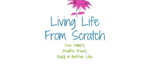 Alt text: A graphic with a large pink flower at the top. Below it, the text reads "Living Life From Scratch" in blue. Underneath in smaller yellow text, it says "Live simply, create freely, build a better life."