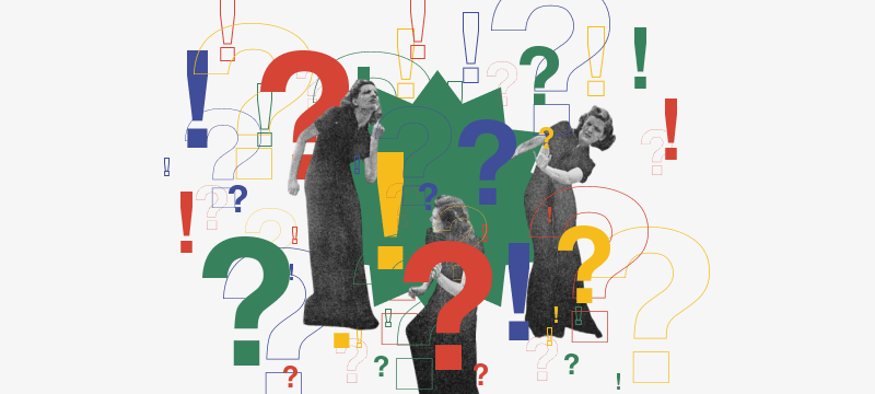 People surrounded by bright question and exclamation marks, representing uncertainty and judgment.