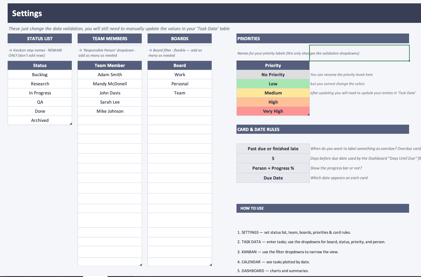 Excel Kanban Board preview 4