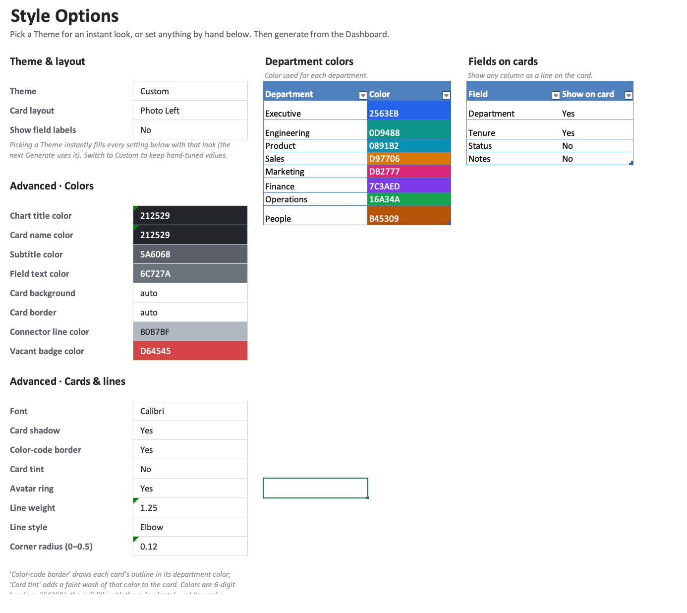 Excel org chart style options for themes, department colors, fields and cards