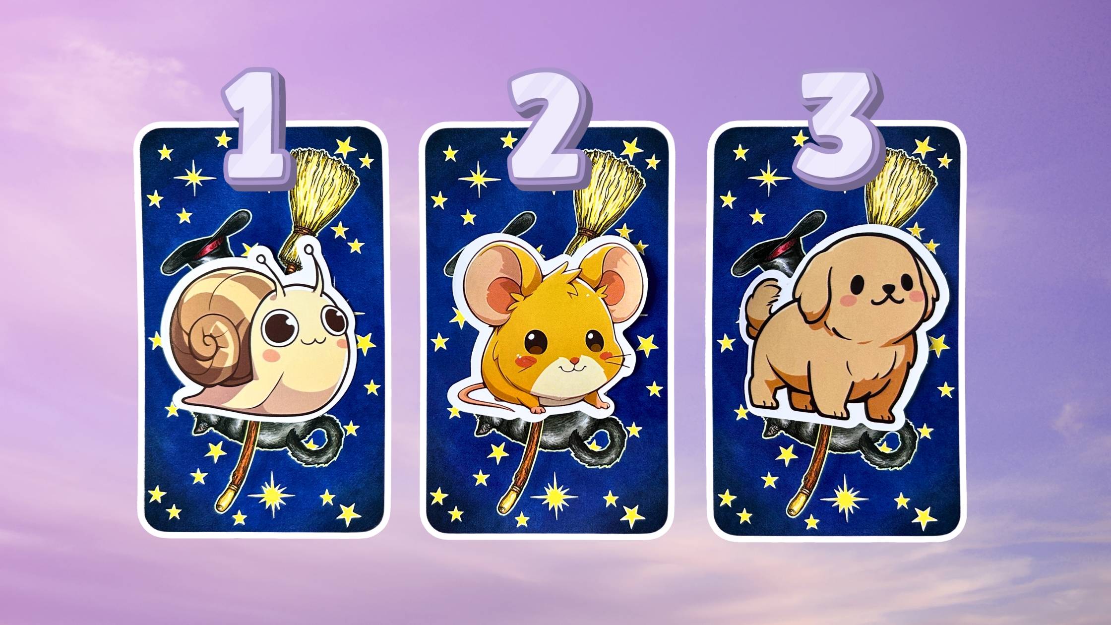 Three tarot pick a card piles on how to activate your spiritual power: pile 1 - snail, pile 2 - mouse, and pile 3 - dog