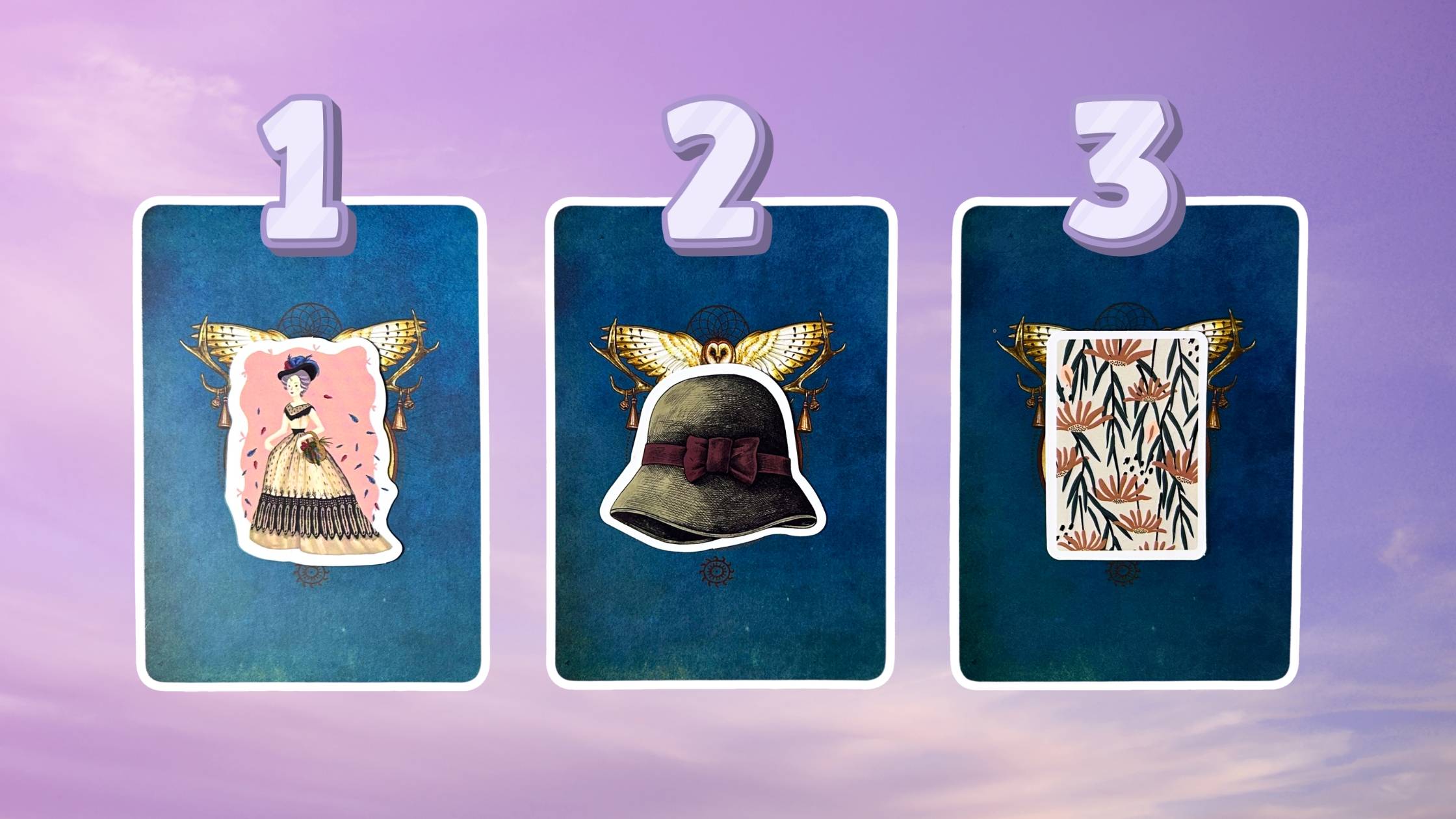 Three oracle pick a card piles on what spirit wants you to do: pile 1 - lady, pile 2 - hat, and pile 3 - flowers