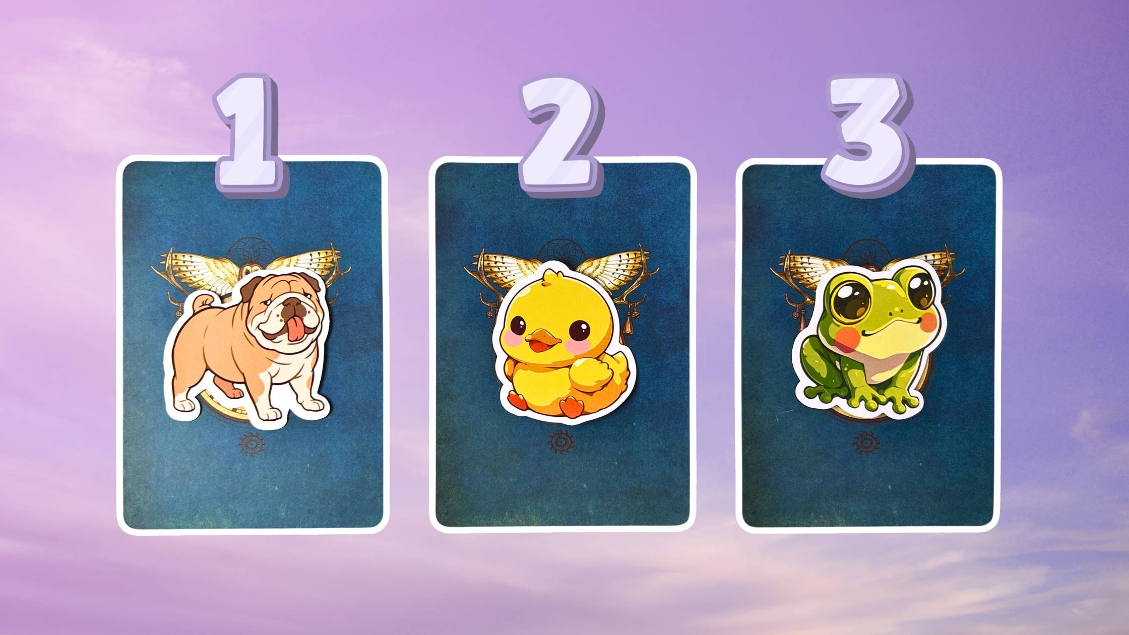 Three oracle pick a card piles on your next spirit guide: pile 1 - bulldog, pile 2 - chick, and pile 3 - frog