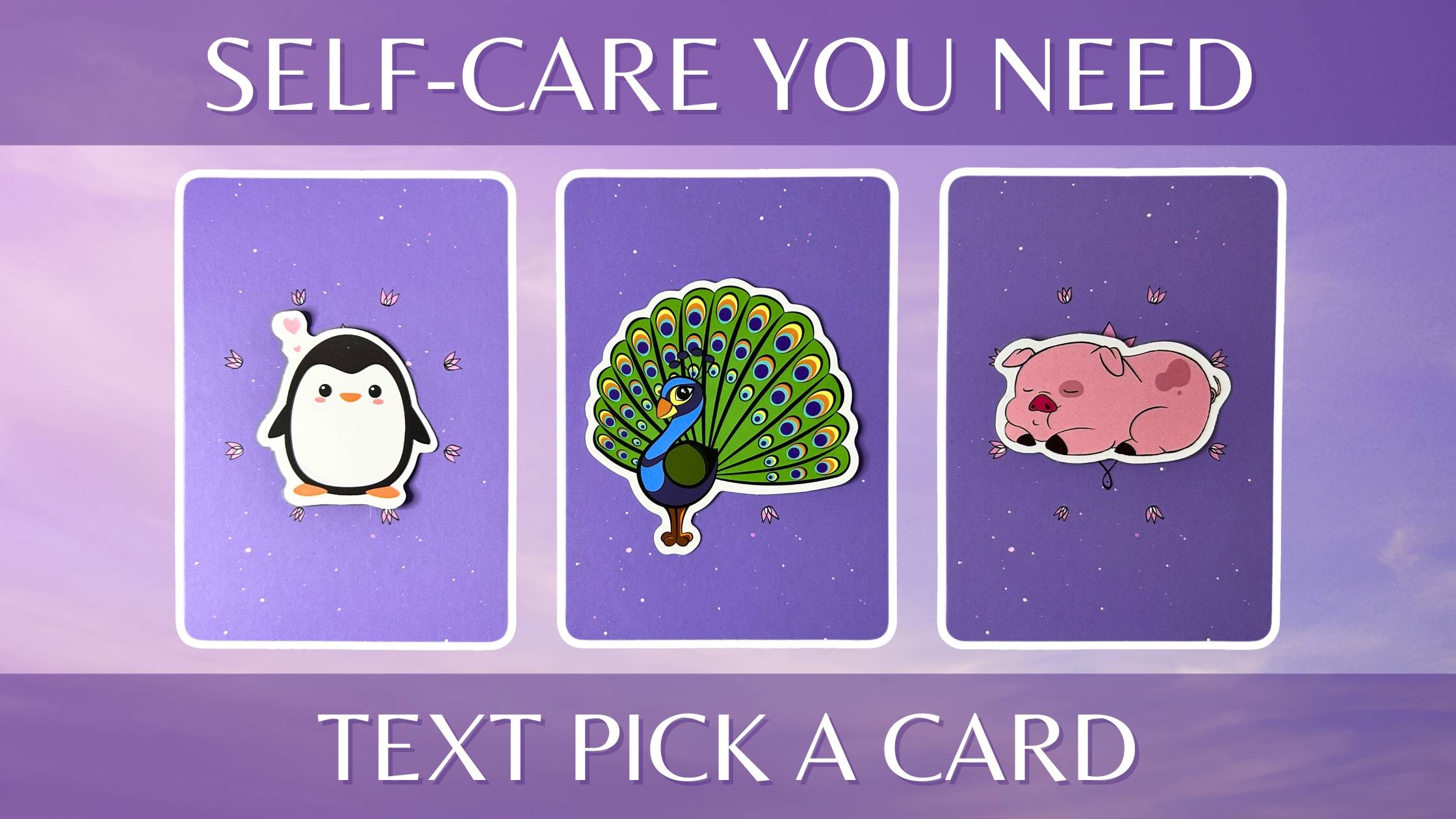 Three tarot pick a card piles: pile 1 - penguin, pile 2 - peacock, and pile 3 - pig