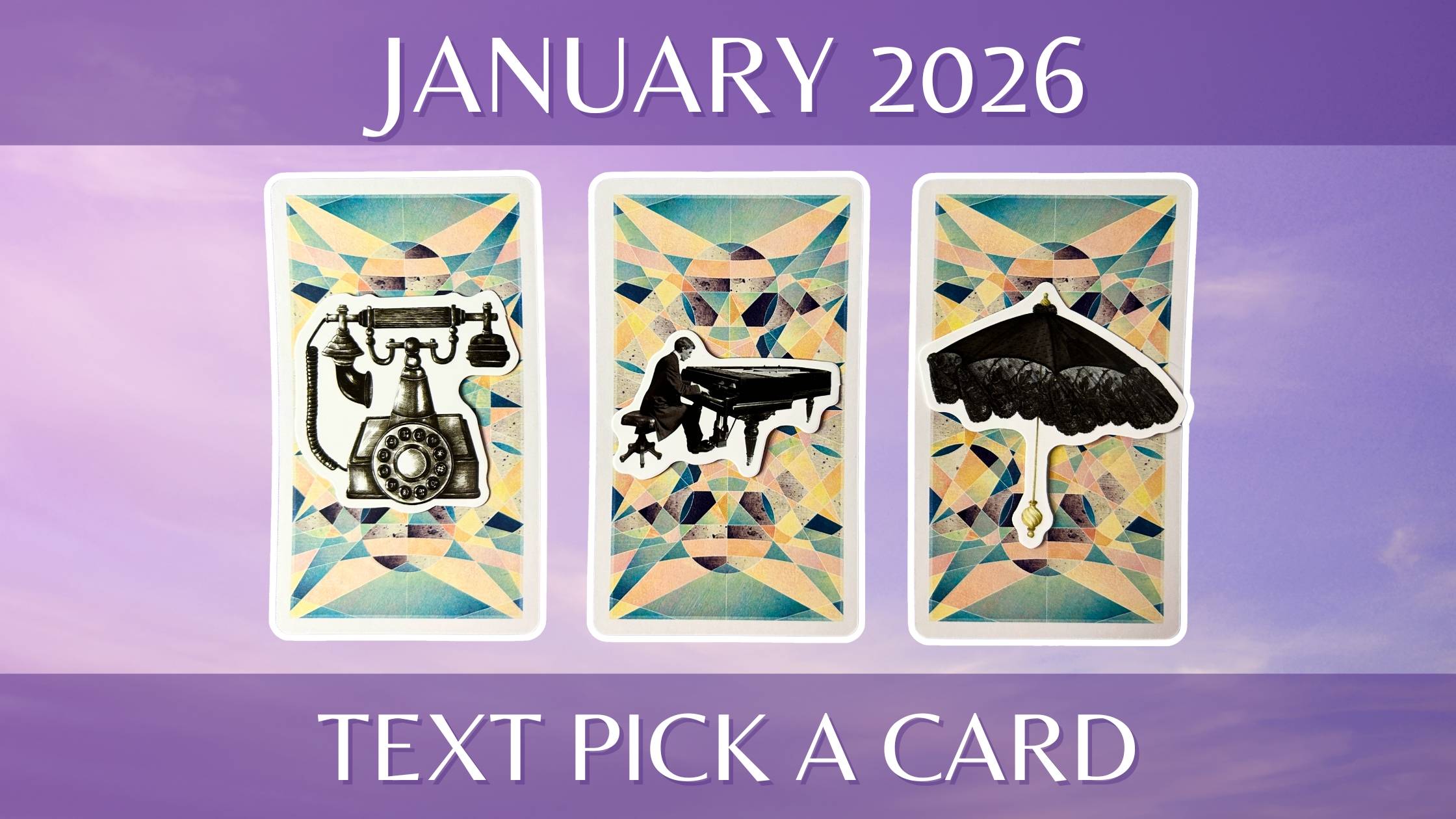 Three tarot pick a card piles: pile 1 - telephone, pile 2 - piano, and pile 3 - parasol