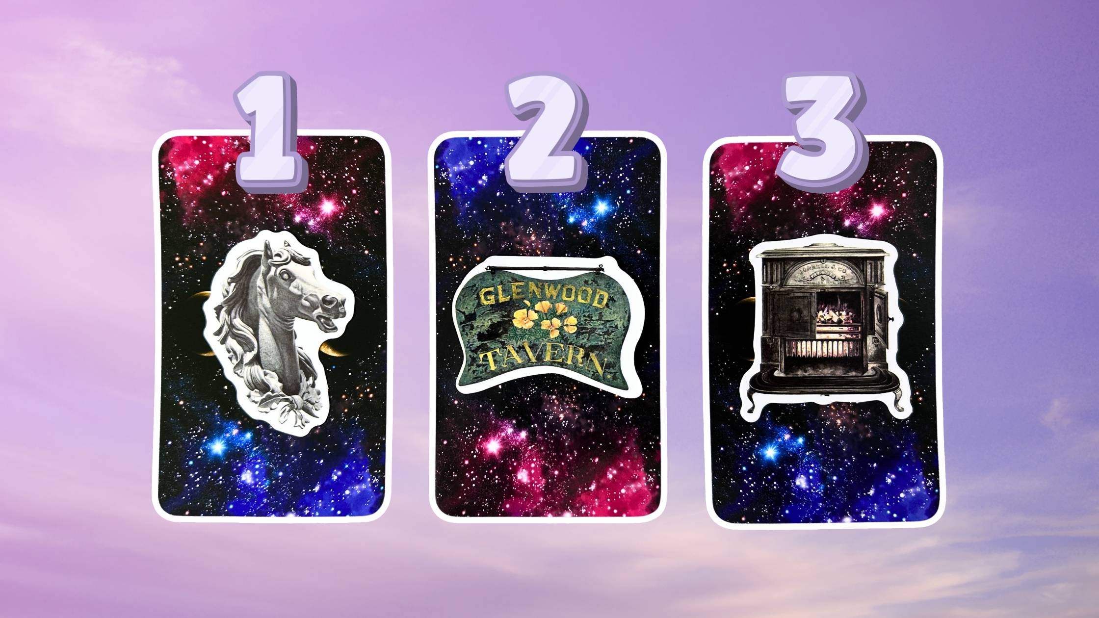 Three tarot pick a card piles on how to beautify your life: pile 1 - horse, pile 2 - sign, and pile 3 - woodstove