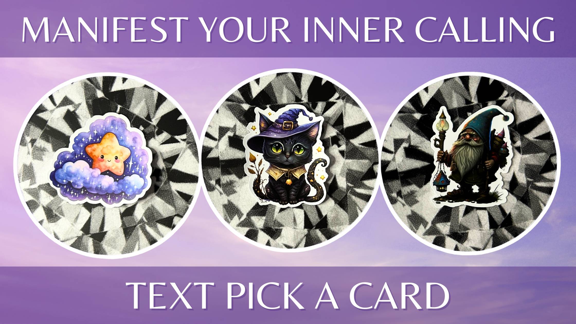 Three oracle pick a card piles on manifesting your inner calling: pile 1 - star, pile 2 - cat, and pile 3 - gnome