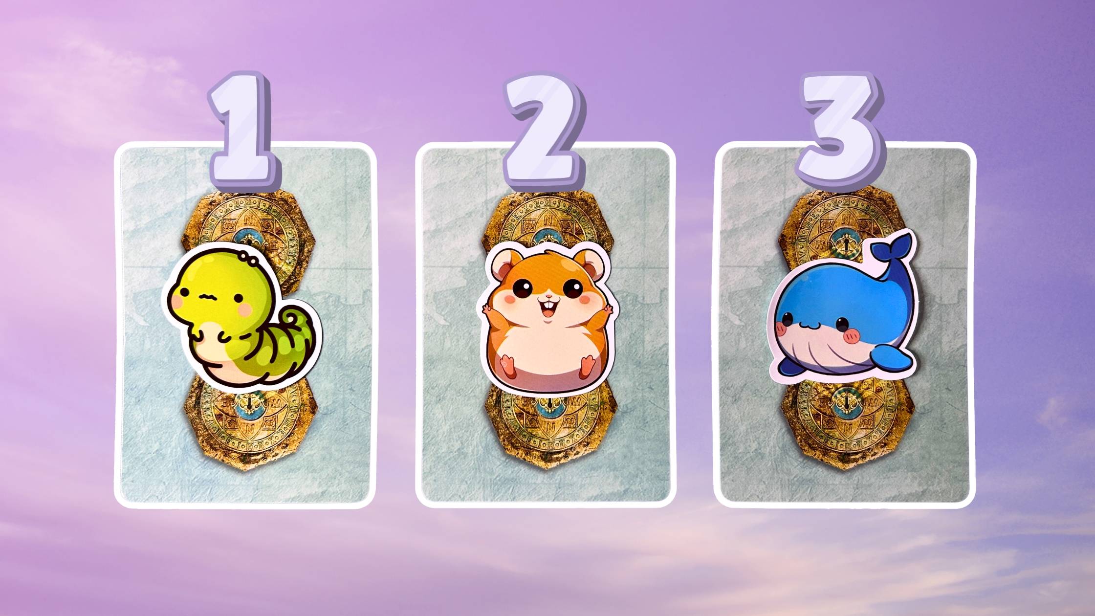 Three oracle pick a card piles on how to get rich: pile 1 - caterpillar, pile 2 - hamster, and pile 3 - whale