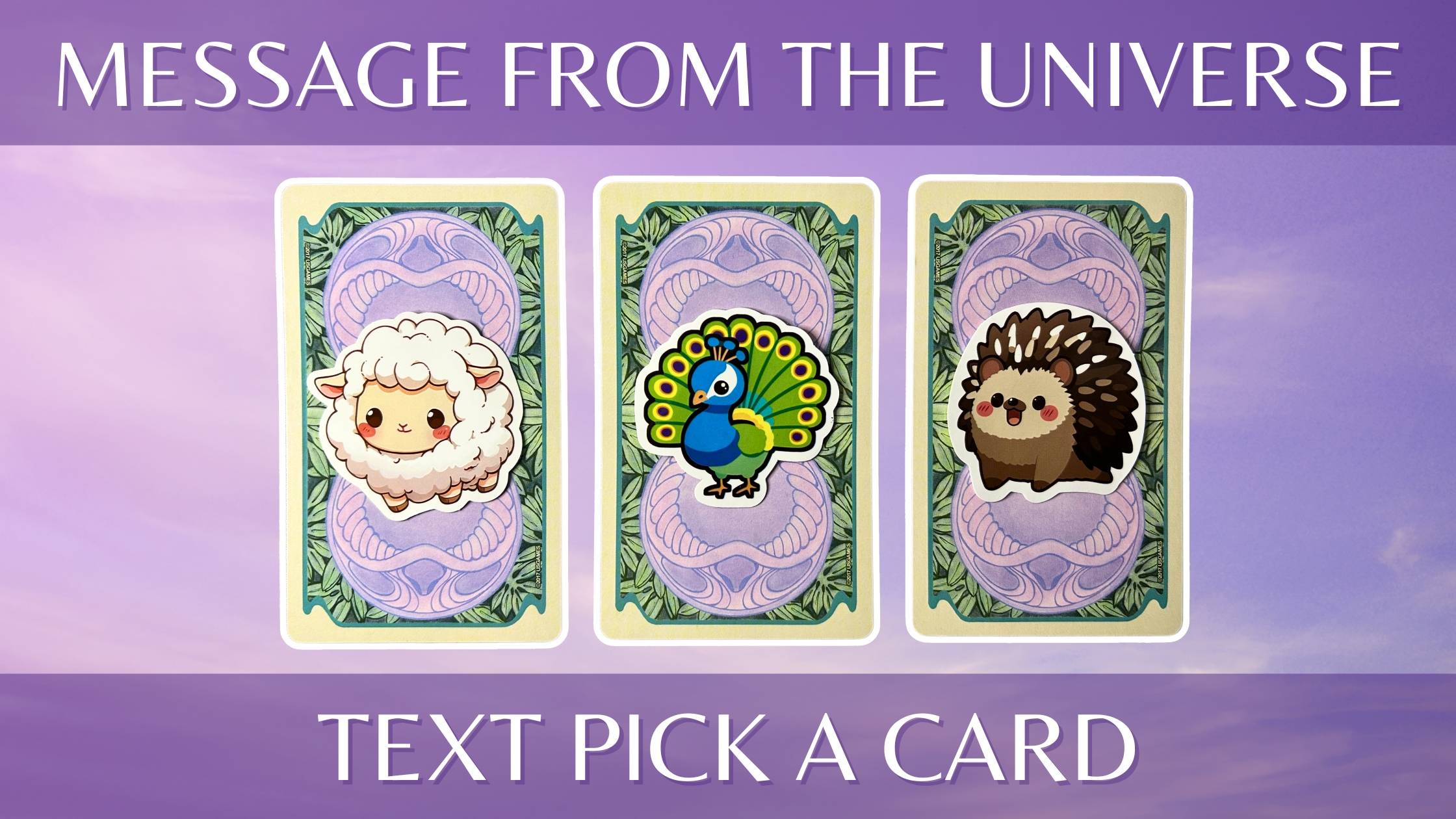 Three tarot pick a card piles on a message from the universe: pile 1 - sheep, pile 2 - peacock, and pile 3 - hedgehog