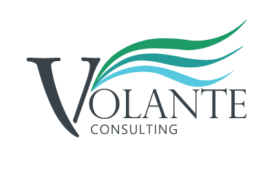 Volante logo. The logo says 'Volante Consulting' with the word consulting sitting underneath 'Volante'. The word consulting is aligned with the 'O' in Volante as the V extends down. There are three curves, like waves which flow together, coming off the 'O