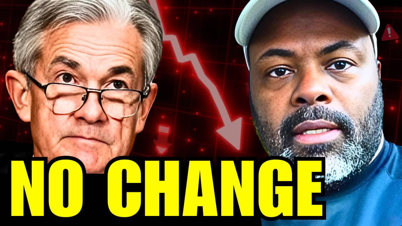 Federal Reserve interest rate decision showing no change, with market decline and Smart Money Bro commentary