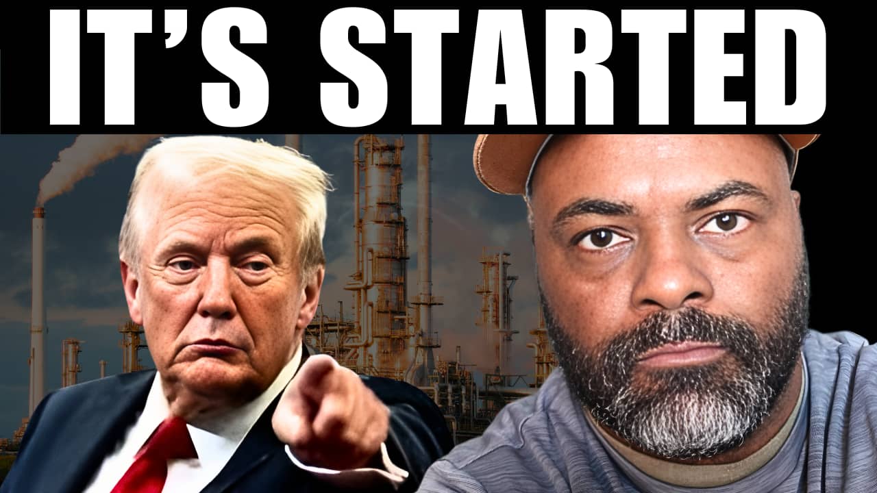 Man pointing with oil refinery behind him highlighting rising inflation and economic pressure