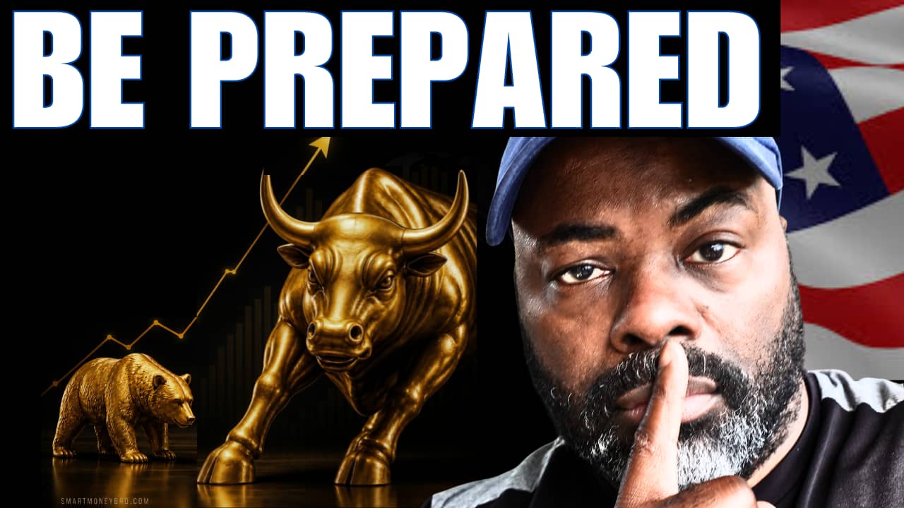 Man with serious expression holding finger to lips next to gold bull and bear statues with rising stock chart and bold text “BE PREPARED”
