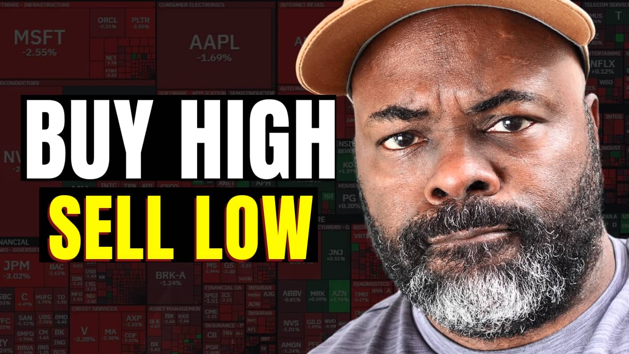 Bold text 'Buy High Sell Low' overlaid on a stock market heat map background, with a close-up of a serious bearded man in a tan cap—representing the risks of emotional investing in a Smart Money Bro video