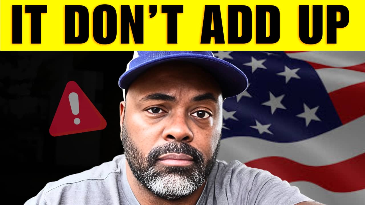 Smart Money Bro host Eric Bowie in front of a U.S. flag with the words ‘It Don’t Add Up’ about the jobs report and the economy.