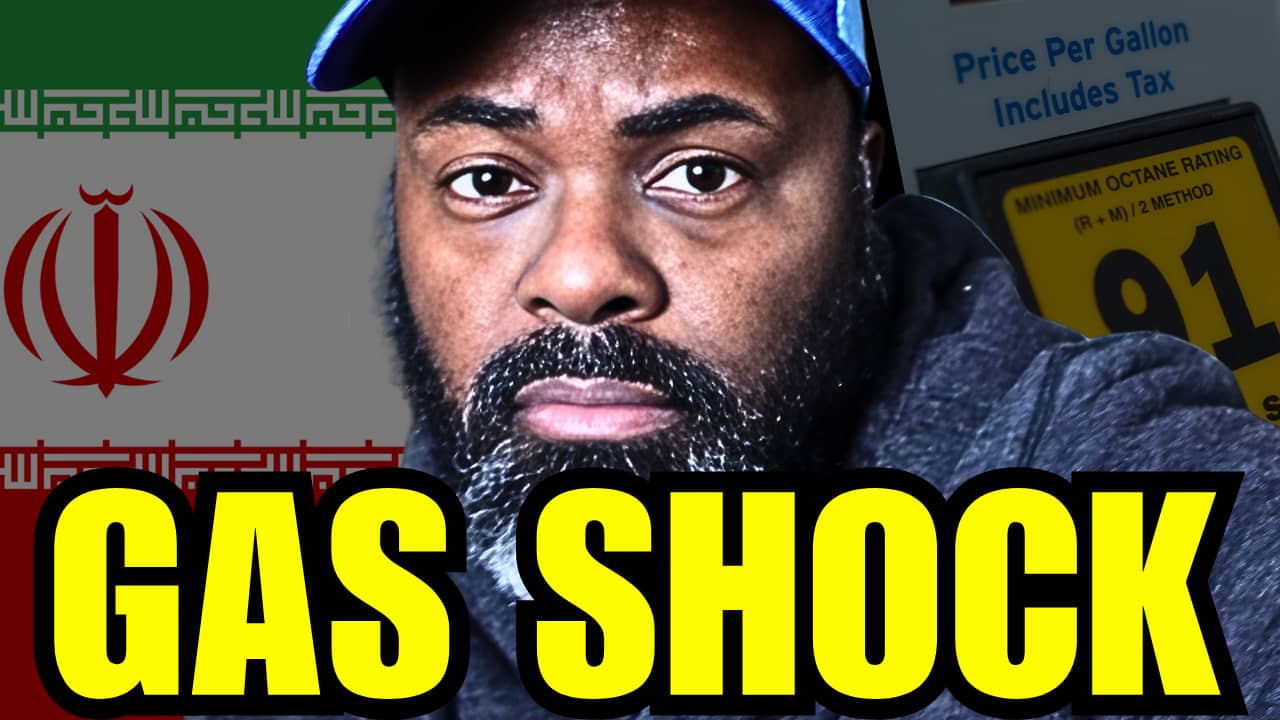 Eric Bowie between an Iran flag and gas pump with the words “GAS SHOCK,” discussing rising gas prices and oil market tensions.