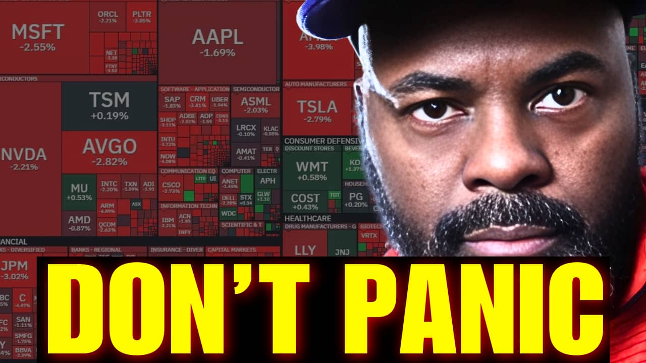 Close-up of a man with a serious expression in front of a red stock market heatmap, with large text reading ‘Don’t Panic.
