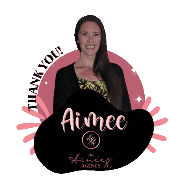 Picture of Aimee with sparkling stars and thank you flashing behind her head.  The elements are Black, pinks, and brown, and it says Aimee- The Aimee K Agency