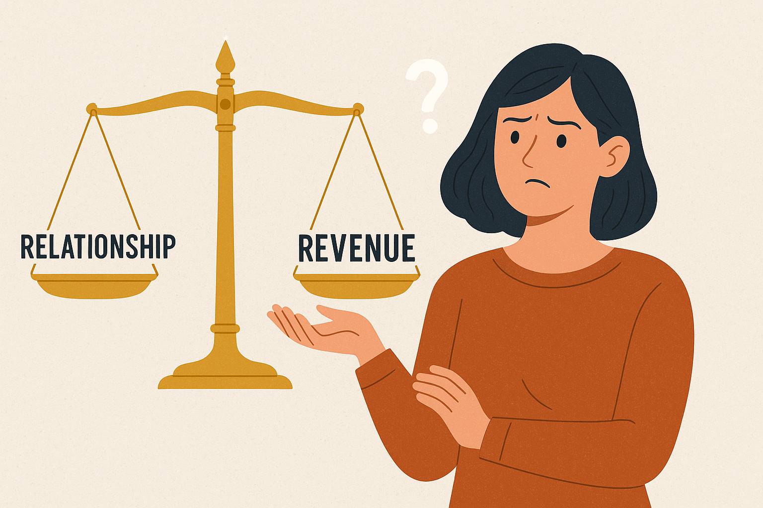 An illustrated woman with short dark hair looks confused while standing beside a golden balance scale labeled “Relationship” on one side and “Revenue” on the other, both evenly balanced. The image represents the ethical tension between valuing relationshi