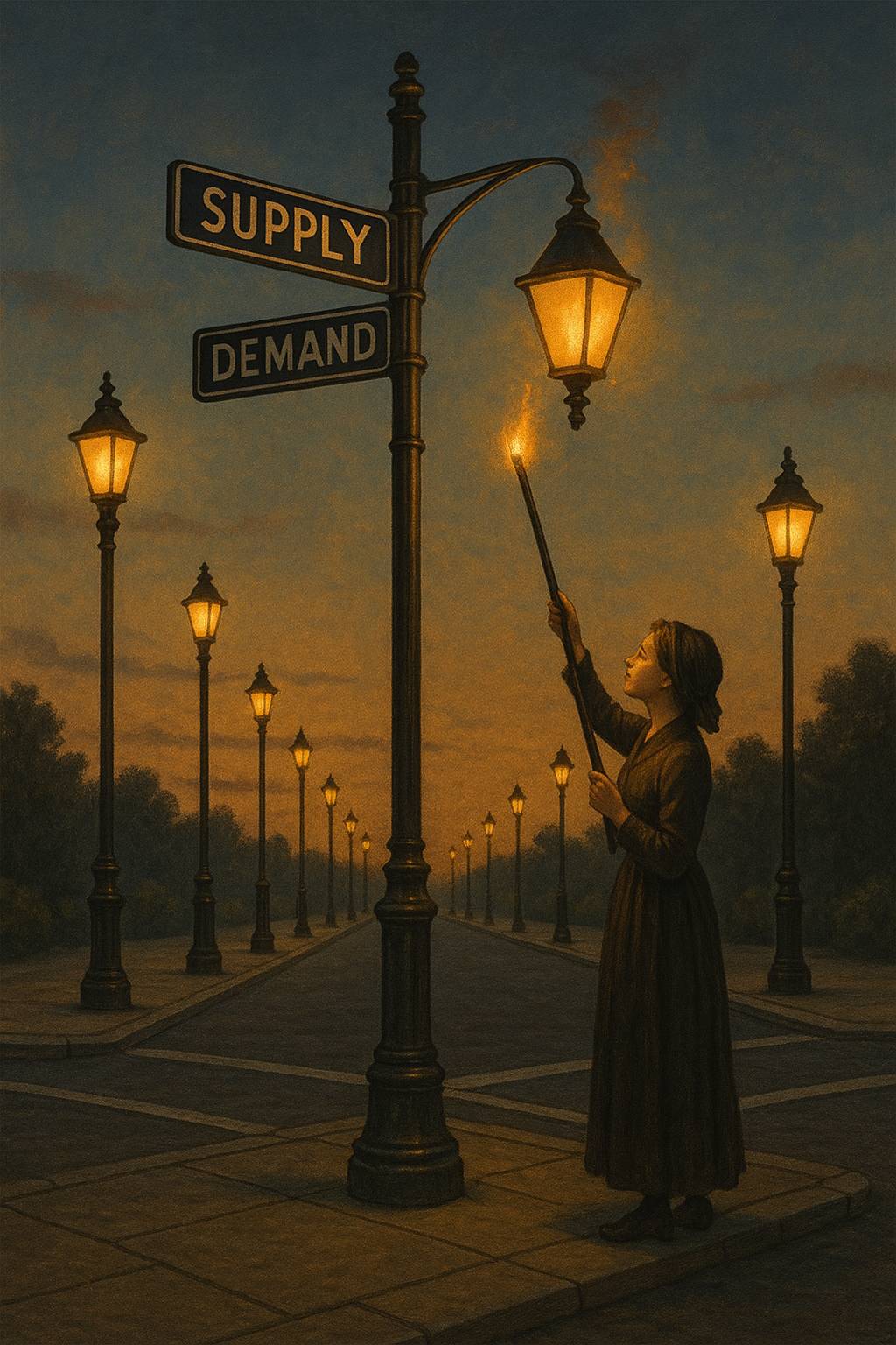 A twilight scene of a quiet intersection where two streets—marked “Supply” and “Demand”—meet. Rows of vintage black iron streetlamps line both streets, glowing with warm golden light. A woman in a long dark dress and bonnet stands near the corner, reachin