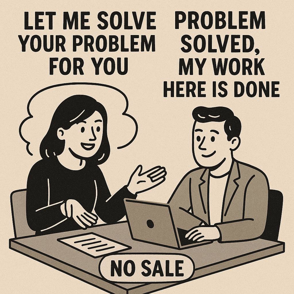 A vintage-style illustration of a sales meeting. A smiling woman gestures while thinking, “Let me solve your problem for you.” Across from her, a man nods contentedly with a thought bubble reading, “Problem solved, my work here is done.” A bold caption be