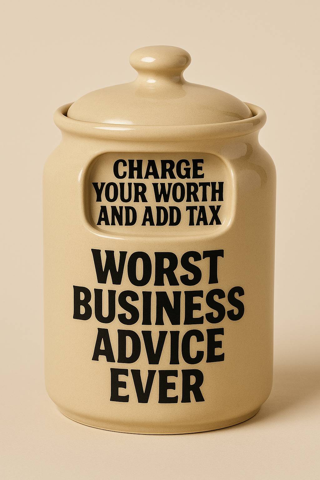 A beige ceramic cookie jar with bold black text. The jar’s front label reads ‘Worst Business Advice Ever,’ and inside the jar’s window, the phrase ‘Charge your worth and add tax’ appears as if it’s on the cookies.